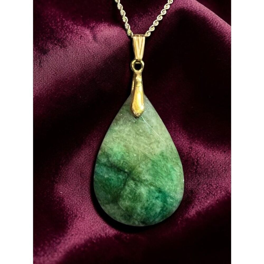 14K Gold Emerald Necklace 20" 10K Gold Rope Chain Large Natural African Emerald